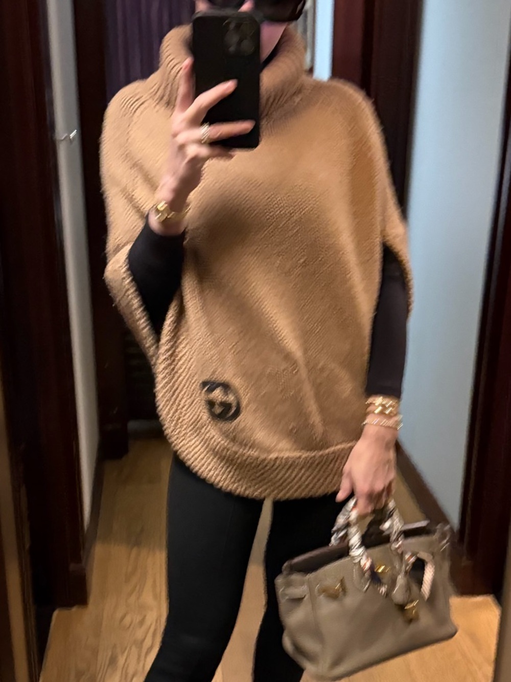 Gucci Camel Turtleneck Knit Poncho with Logo